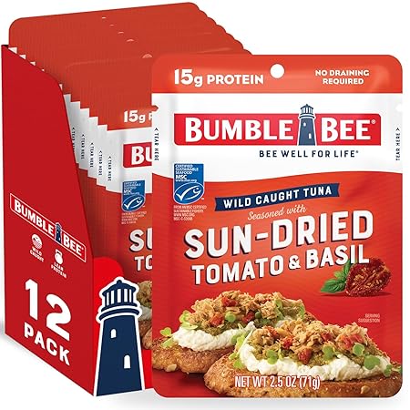 Bumble Bee Sun-Dried Tomato & Basil Seasoned Tuna, 2.5 oz Pouches (Pack of 12) - Ready to Eat - Wild Caught Tuna Packet - 15g Protein per Serving - Gluten Free