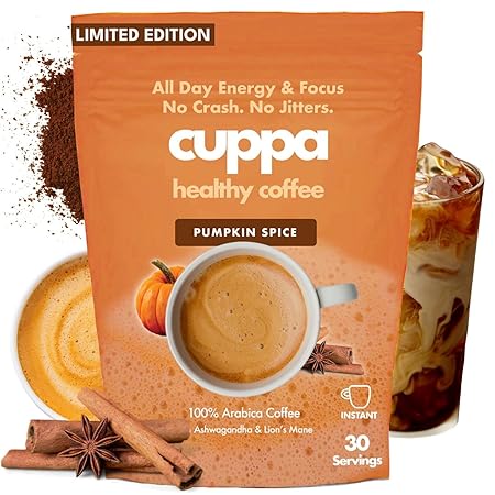 Cuppa Healthy Mushroom Insant Coffee with Lion's Mane & Ashwagandha for All Day Energy & Focus - No Crash or Jitters - Nootropics for Brain Health, Gut Health, Immunity, Stress, Memory + Mood (30 Servings, Pumpkin Spice)