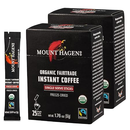 Mount Hagen 25 Count Single Serve Instant Coffee Packets - 2 Pack | Organic Medium Roast Arabica Beans | Eco-friendly, Fair-Trade [2 x 25 sticks/1.76oz/50g]