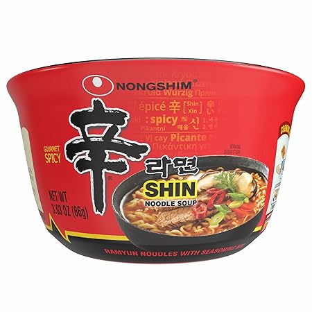 Nongshim Ramen Noodles, Gourmet Instant Ramen bowl, Premium Microwavable Noodle Soup, Spicy Shin, 3.03 Ounce (Pack of 12)