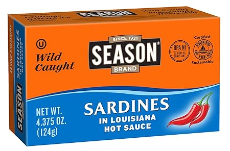 Season Sardines in Hot Sauce - Wild Caught, 24g of Protein, Keto Snacks, More Omega 3's Than Tuna, Kosher, High in Calcium, Canned Sardines - 4.37 Oz, 12-Pack