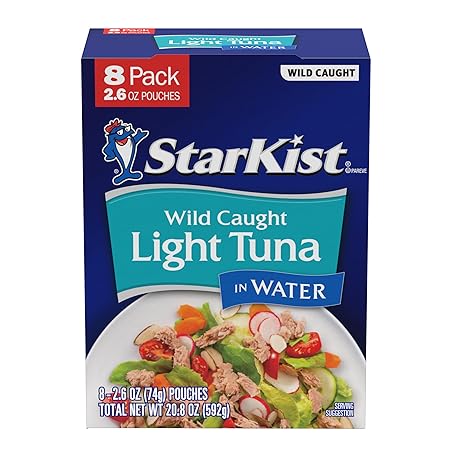 StarKist Chunk Light Tuna in Water, 2.6 oz Pouch (8 Pack) Ready to Eat Wild Caught Tuna, 17g Protein, 70 Calories Per Serving, Gluten Free, Soy Free, Kosher, Perfect for Salads, Keto Meals and Snacks