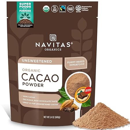 Navitas Organics Cacao Powder - Cocoa Powder Substitute 1:1, For Hot Chocolate, Baking & More - Regenerative Organic Certified, Non GMO, Fairtrade, Gluten Free, Non-alkalized (24oz. Bag, 113 Servings)