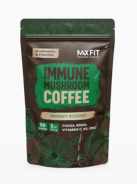 Immunity Mushroom Coffee (60 Servings) Mental Focus Plus Wellness Boost for Immune System Support - Chaga, Reishi & Vitamins C, D3, and Zinc, Mixed with Gourmet 100% Arabica Instant Coffee