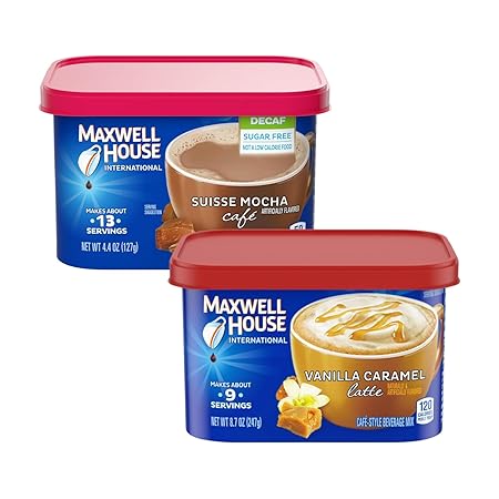 Maxwell House Vanilla Caramel Latte Mix, 8.7 oz + Suisse Mocha Decaf Instant Coffee, 4.4 oz, (Variety Pack)
