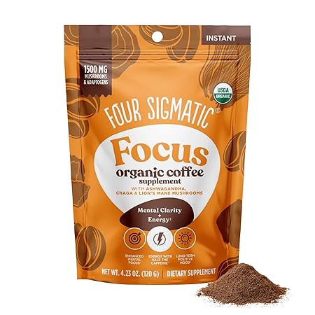 Four Sigmatic Focus Organic Mushroom Coffee | 1500mg of Adaptogens per Serving | Lion's Mane, Chaga, Rhodiola, Ashwagandha & Mucuna for Energy, Focus, Positive Mood & Immune Support | 30 Servings
