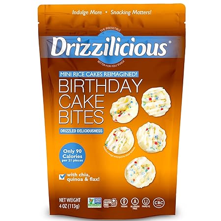 Drizzilicious Mini Rice Cakes Birthday Cake - Rice Crisps, Healthy Snack for Adults and Kids, Flavored Rice Cakes, Vegan, Gluten Free, Allergen Free, Only 90 Calories Per Serving - 4 oz (Pack of 1)