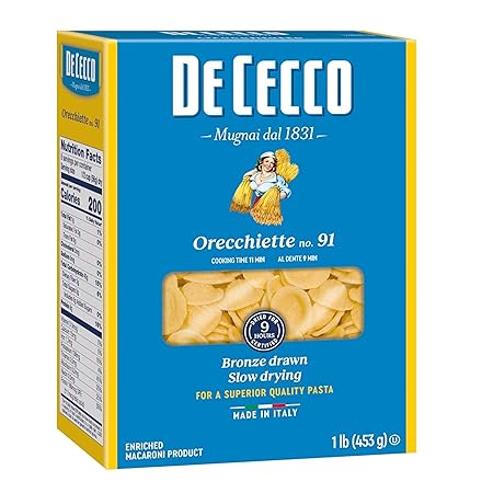 De Cecco Orecchiette No. 91 Pasta, 16 Oz, Authentic, Slow Dried, Made with Durum Wheat, Versatile Pasta for Sauces & Recipes, Made in Italy