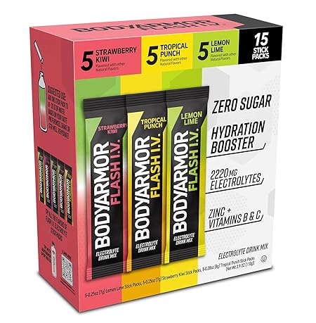 BODYARMOR Flash IV Electrolyte Packets, Strawberry Kiwi, Lemon Lime, & Tropical Punch Variety Pack - Zero Sugar Drink Mix, Single Serve Packs, Coconut Water Powder (15 Count)
