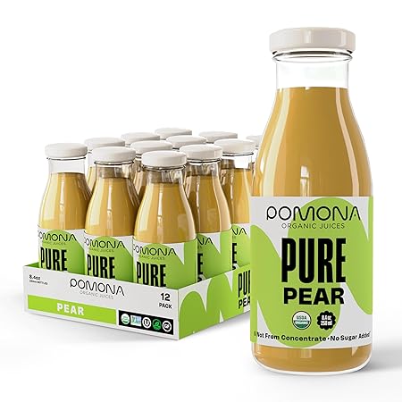 Pomona Organic Pear Juice, Cold Pressed USDA Organic Juices, Pears And Lemon Juice, No Added Sugar, Not From Concentrate, Vegan, Kosher, Non GMO, Pasteurized, 8.4 Oz Glass Bottles