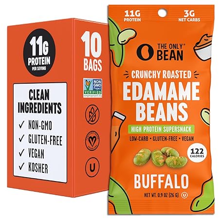 The Only Bean Crunchy Roasted Edamame Snacks (Buffalo) – High Protein (11g), Low Carb Keto Vegan Office Snack, Gluten Free Healthy Snacks for Adults and Kids, 0.9oz (Pack of 10)