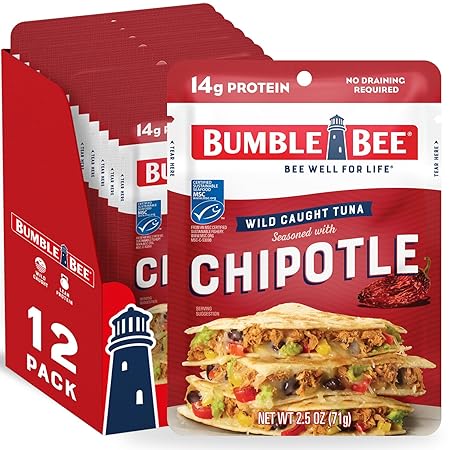 Bumble Bee Chipotle Seasoned Tuna, 2.5 oz Pouches (Pack of 12) - Ready to Eat - Wild Caught Tuna Packet - 14g Protein per Serving - Gluten Free