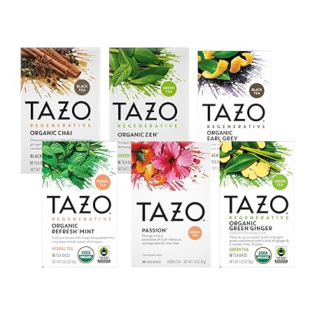 TAZO Tea Bags, Regenerative Organic: Refresh Mint Herbal, Zen Green, Green Ginger, Chai Black, Early Grey, & Passion Herbal (1ea) (Variety Pack)