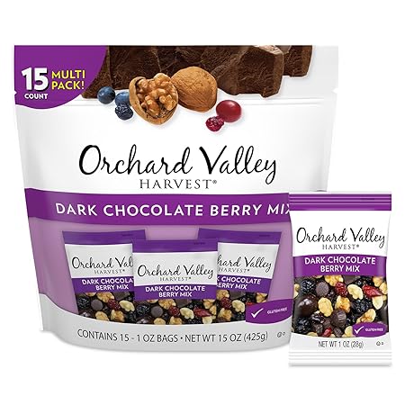 Orchard Valley Harvest Dark Chocolate Berry Mix, 1oz Snack Packs 15 Count – Walnuts, Sweetened Cranberries, Dark Chocolate Cherries, Blueberries, Gluten-Free, 2g Fiber, Chocolate Covered Berries
