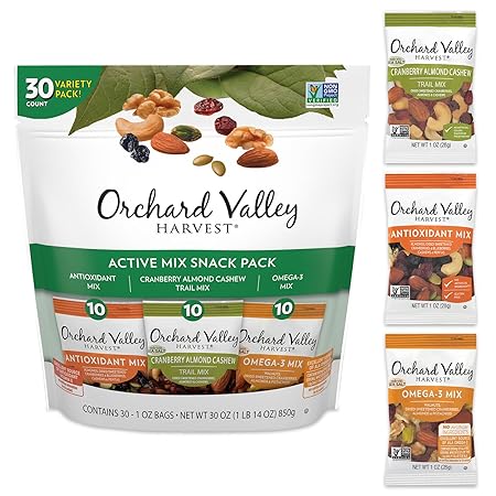 Orchard Valley Harvest Active Snack Pack Mix, 1oz Bags (Variety Pack of 30), Antioxidant Mix, Cranberry Almond Cashew, Omega-3 Trail Mix, Healthy Snacks for Adults and Kids, Gluten Free