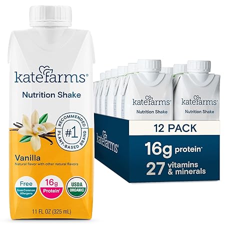 KATE FARMS Organic Nutrition Shake, Vanilla, 16g Protein, 27 Vitamins and Minerals, Protein Meal Replacement Drink, Protein Shake, 11 oz (12 Pack)