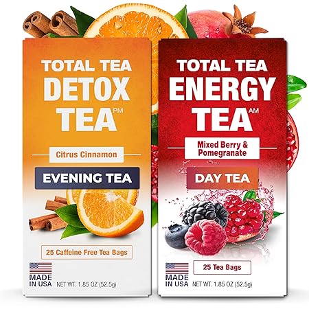 Total Tea Detox Tea & Energy Tea Set - 25 Day Detox - Herbal SIim Tea with Chamomile - Hibiscus Tea and Ginger Root for Colon Cleanse – Natural Citrus & Cinnamon Herbal Tea for Digestive Health