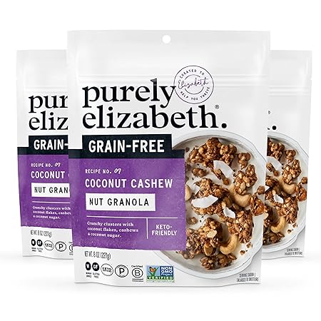 Purely Elizabeth Coconut Cashew Keto Granola, Made with Nuts and Seeds, Grain-Free, Gluten-Free, Non-GMO (3 Ct, 8oz Bags)