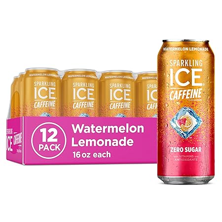 Sparkling Ice Caffeine Watermelon Lemonade Sparkling Water with Caffeine, Zero Sugar, with Antioxidants and Vitamins,16 fl oz Cans (Pack Of 12)