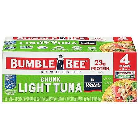 Bumble Bee Chunk Light Tuna In Water, 5 oz Cans (Pack of 4) - Wild Caught Skipjack Tuna - 22g Protein Per Serving - MSC Certified Sustainable Seafood, Non-GMO, Gluten Free, Kosher