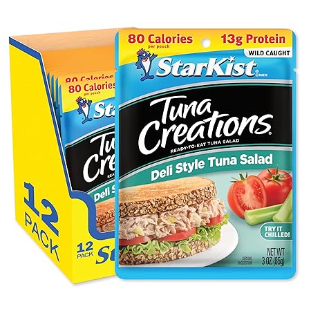 StarKist Tuna Creations Deli Style Tuna Salad, 3 oz Pouch(12 Pack) Ready to Eat Wild Caught Tuna,13g Protein,80 Calories Per Serving,Gluten Free Soy Free, Kosher,Perfect for Salads,Meals and Snacks