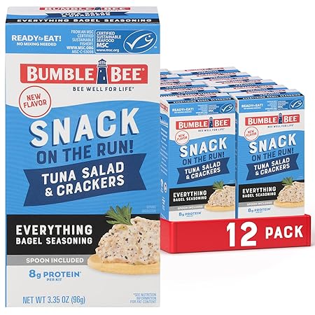 Bumble Bee Snack On The Run Everything Bagel Seasoning Tuna Salad with Crackers Kit (Pack of 12) - Ready to Eat Protein Snack Pack - 8g Protein per Box - Wild Caught MSC Certified Tuna