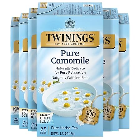 Twinings Pure Camomile Herbal Tea Individually Wrapped Bags, 25 Count (Pack of 6), Calming & Delicate, Naturally Caffeine-Free, Enjoy Hot or Iced, 150 Teabags
