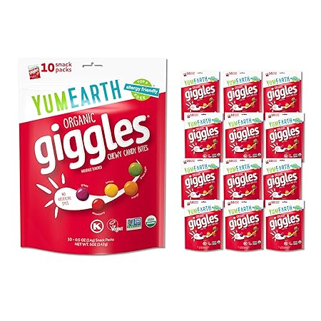 YumEarth Organic Giggles Chewy Candy – Allergy Friendly, No Artificial Dyes, Non GMO, Gluten Free, Fruit Flavored, Vegan Candy Snacks with No Artificial Flavors, 0.5 oz (Pack of 120)