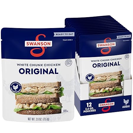 Swanson Original White Chunk Fully Cooked Chicken, Ready to Eat, Simple On-the-Go Meals, 2.6 OZ Pouch (Case of 12)