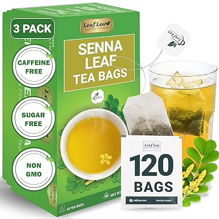 LeafLea 120 Senna Tea Bags – Pure Senna Herbal Laxative Tea, Naturally Supports Constipation Relief & Digestive Cleanse, Caffeine-Free, No Sugar, No Gluten, Non-GMO, Vegan, Individually Wrapped