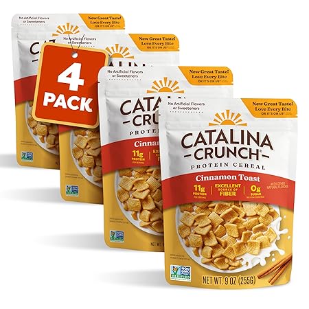 Catalina Crunch Protein Cereal | Sugar Free Breakfast Cereal with 11g of Protein | Gluten Free, Keto Friendly | Cinnamon Toast - 9 oz. Bag (Pack of 4) - Packaging May Vary