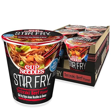 Nissin Cup Noodles Stir Fry Noodles in Sauce, Teriyaki Beef, 3 Ounce (Pack of 6)