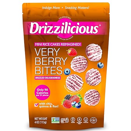 Drizzilicious Mini Rice Cakes Very Berry - Rice Crisps, Healthy Snack for Adults and Kids, Flavored Rice Cakes, Vegan, Gluten Free, Allergen Free, Only 90 Calories Per Serving - 4 oz (Pack of 1)
