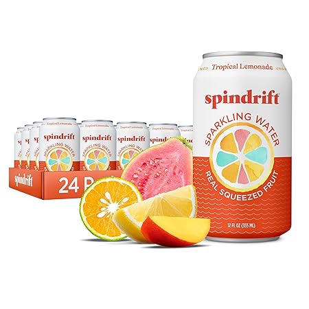 Spindrift Sparkling Water, Tropical Lemonade Flavored, Made with Real Squeezed Fruit, 12 Fl OZ Cans, Pack of 24 (Only 13 Calories per Can)