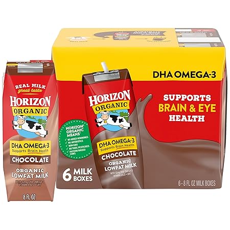 Horizon Organic Shelf Stable 1% Lowfat DHA Omega-3 Chocolate Milk Boxes, 8 fl oz, 6 Count - 8g Protein per Serving, USDA Organic UHT from Pasture-Raised Cows, Ready to Drink for Lunchbox, Travel, or On-the-Go, No Refrigeration Needed