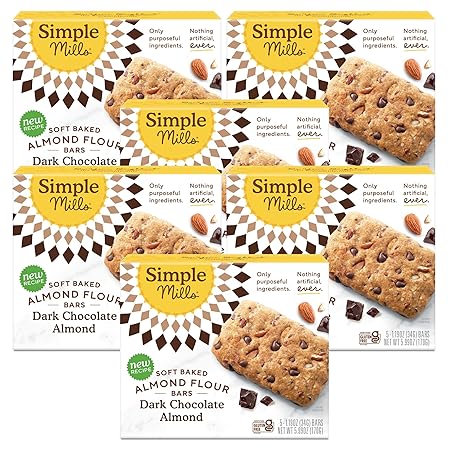 Simple Mills Almond Flour Snack Bars, Dark Chocolate Almond - Gluten Free, Made with Organic Coconut Oil, Breakfast Bars, Healthy Snacks, Paleo Friendly, 6 Ounce (Pack of 6)