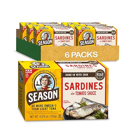 Season Sardines in Tomato Sauce - Wild Caught, 22g of Protein, Keto Snacks, More Omega 3's Than Tuna, Kosher, High in Calcium, Canned Sardines - 4.37 Oz Tins, 6-Pack