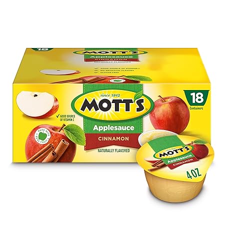 Mott's Cinnamon Applesauce, 4 Oz Cups, 18 Count, No Artificial Flavors, Good Source Of Vitamin C, Nutritious Option For The Whole Family