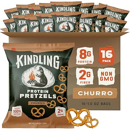 Kindling Protein Pretzels - Churro| Protein-Packed Snack Size Bags | Kosher | 8-9g Protein Per Serving | No Artificial Flavors, Soy-Free | Lunches, Office Snacks, & On-the-Go | 16-Count (1oz Bags)