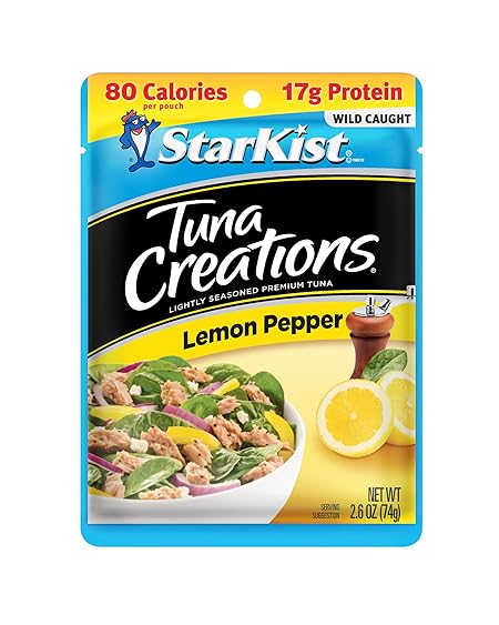 StarKist Tuna Creations Lemon Pepper, 2.6 oz Pouch (1 Pack) Ready to Eat Wild Caught Tuna, 16g Protein, 80 Calories Per Serving, Gluten Free, Soy Free, Kosher, Perfect for Salads, Keto Meals & Snacks