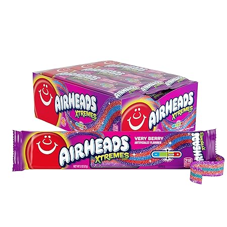 Airheads Xtremes Sweetly Sour Candy Belts, Halloween Trick or Treat Taffy Candy Variety Pack, Individually Wrapped Bulk Candy for Adults & Kids, Very Berry Flavor Artificially Flavored, 18 Count Box