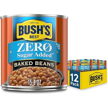 BUSH'S BEST 15.8 oz Canned Zero Sugar Baked Beans, Source Of Plant Based Protein and Fiber, Low Fat, Gluten Free, (Pack of 12)