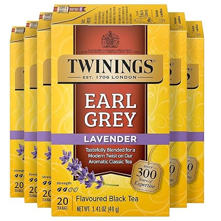 Twinings Earl Grey Lavender Black Tea Individually Wrapped Bags, 20 Count (Pack of 6), Citrus, Bergamot & Floral, Caffeinated, Enjoy Hot or Iced, 120 Teabags