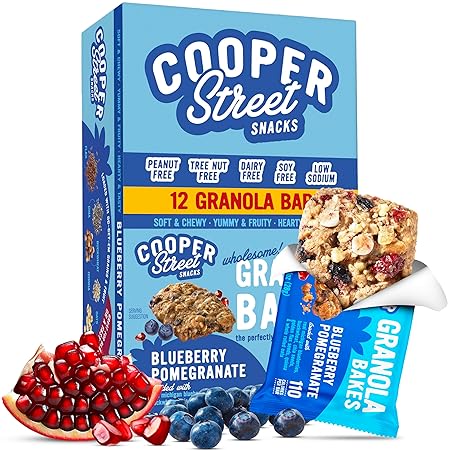 Cooper Street Blueberry Pomegranate Granola Bakes (12 bars) - Individually Wrapped Soft and Chewy Breakfast Granola Bars - Nut, Dairy & Soy Free - Great As Kids Snacks For School, Hiking Or Lunchbreak