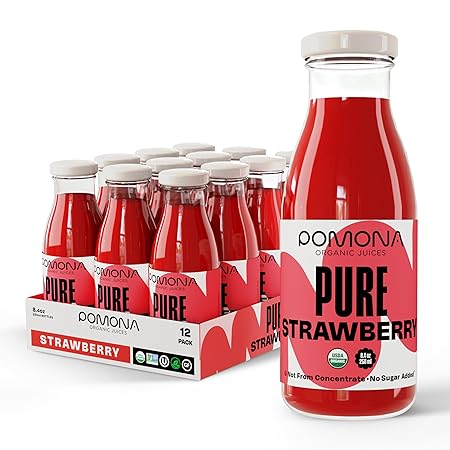 Pomona Organic Strawberry Juice (Pack of 12), Cold Pressed USDA Organic Juices with 100% Strawberries, No Added Sugar, Not From Concentrate, Vegan, Kosher, Non GMO, Pasteurized, 8.4 oz Glass Bottles