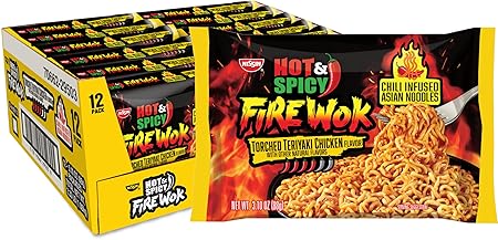 Nissin Fire Wok, Torched Teriyaki Chicken, Hot & Spicy Chile Infused Asian Noodles, 3.10 Ounce (Pack of 12)