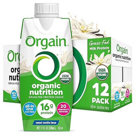 Orgain Organic Nutritional Protein Shake, Vanilla Bean - 16g Grass Fed Whey Protein, Meal Replacement, 20 Vitamins & Minerals, Fruits & Vegetables, Gluten Free, Non-GMO, 11 Fl Oz (12 Pack)