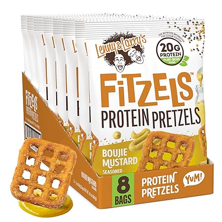 Lenny & Larry's Boujie Mustard FITZELS- Savory Pretzel Snacks Incredibly Tasty, High Protein, Salty, Vegan, 20 g's of Plant Based Protein 8 (eight) Bags, 3 oz Each