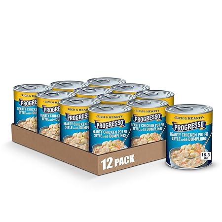 Progresso Hearty Chicken Pot Pie Style with Dumplings Soup, Rich and Hearty Canned Soup, 18.5 oz (Pack of 12)