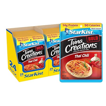 StarKist Tuna Creations BOLD Thai Chili Style, 2.6 oz Pouch (24 Pack) Ready to Eat Wild Caught Tuna, 14g Protein, 90 Calories Per Serving, Gluten Free, Soy Free, Kosher, Perfect for Meals and Snacks